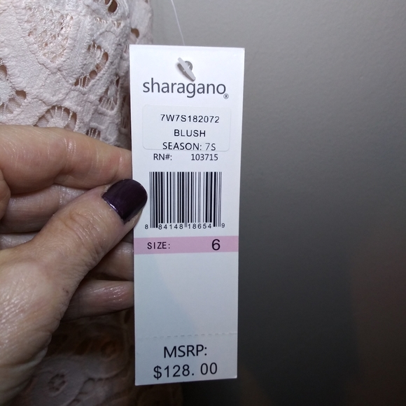 Sharagano Pale Pink Lace Sheath Dress With Convertible Neckline - Picture 8 of 11